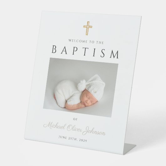 Modern Taupe Cross Photo Baptisme Welkom Reclamebord Met Voetstuk (Voorkant)