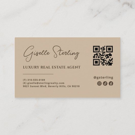 Modern Taupe Minimalist Script QR Code Visitekaartje (Achterkant)