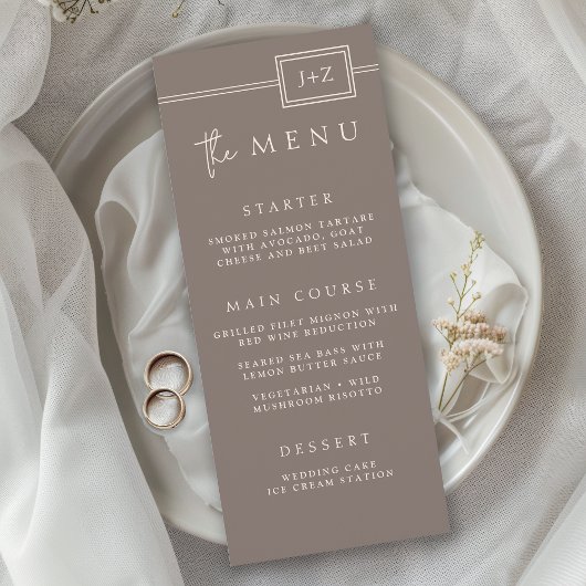 Modern Taupe Minimalistisch Monogram Trouwmenu Menu