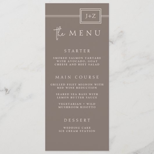 Modern Taupe Minimalistisch Monogram Trouwmenu Menu (Voorkant)
