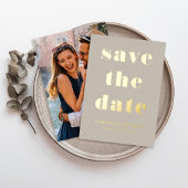 Modern Taupe Photo Save the Date Gold Folie Uitnodiging
