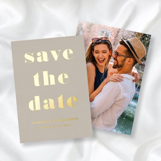 Modern Taupe Photo Save the Date Gold Folie Uitnodiging