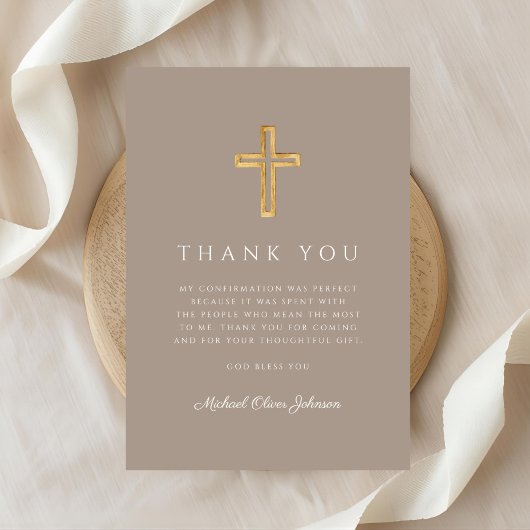 Modern Taupe Religious Cross Boy Confirmation Bedankkaart