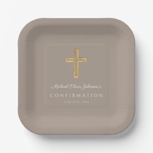 Modern Taupe Religious Cross Boy Confirmation Papieren Bordje (Voorkant)