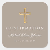 Modern Taupe Religious Cross Boy Confirmation Vierkante Sticker (Voorkant)