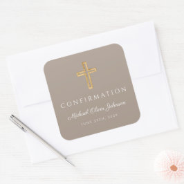 Modern Taupe Religious Cross Boy Confirmation Vierkante Sticker