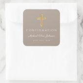 Modern Taupe Religious Cross Boy Confirmation Vierkante Sticker (Tas)