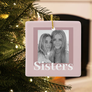 Modern Taupe & Roze Foto Sisters Gift Keramisch Ornament