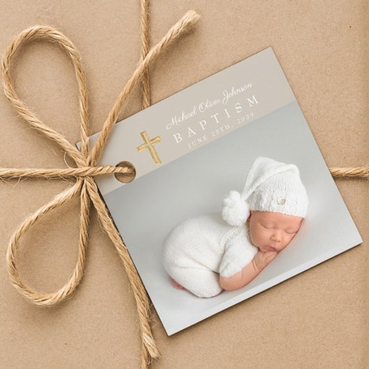 Modern Taupe Script Photo Baptisme Bedankjes Labels