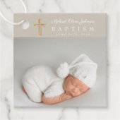 Modern Taupe Script Photo Baptisme Bedankjes Labels (Voorkant)