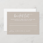 Modern Taupe Script Wedding Bucket List Advieskaart<br><div class="desc">Modern Taupe Handgeschreven Kaart van het Bericht van de Lijst van de Band van de Band van het Manuscript van de Band</div>