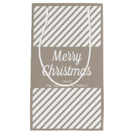 Modern Taupe Stripes Script Vrolijk kerstfeest Klein Cadeauzakje