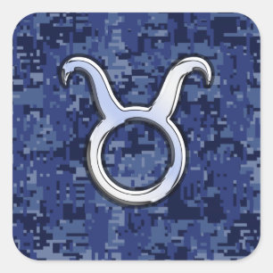 Modern Taurus Zodiac Sign Blue Digital Camouflage Vierkante Sticker
