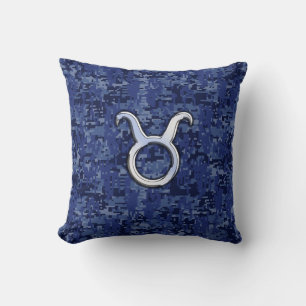 Modern Taurus Zodiac Sign Navy Blue Digital Camo Kussen