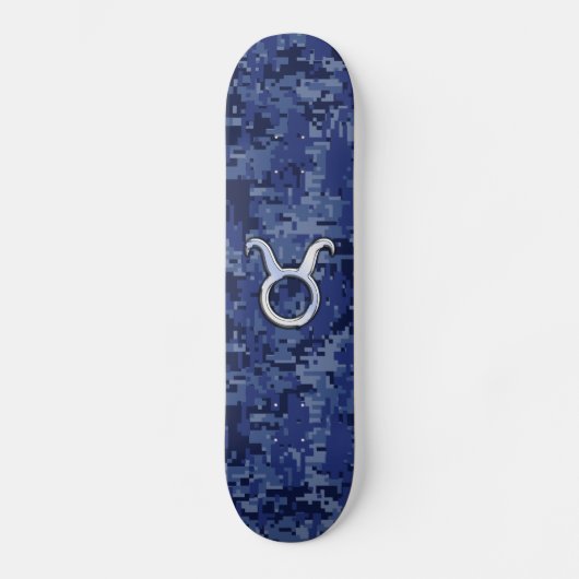 Modern Taurus Zodiac Sign Navy Blue Digital Camo Persoonlijk Skateboard (Voorkant)