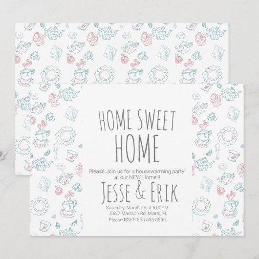 Modern Tea Doodles Housewarming Party Kaart (Voorkant / Achterkant)