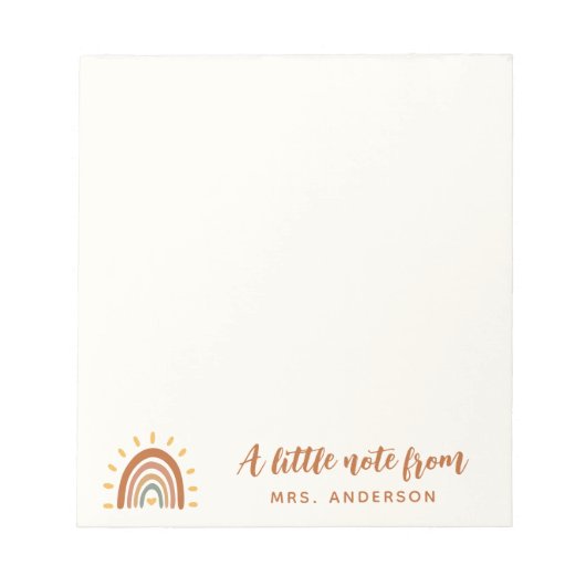 Modern Teacher Custom Name Boho Rainbow Sun Notitieblok (Voorkant)