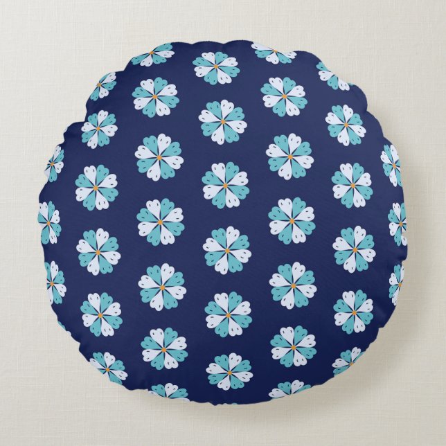 Modern Teal And Blue Floral Motif Rond Kussen (Voorkant)