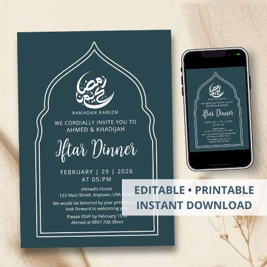 Modern Teal Arch Ramadan Iftar Dinner Invitation Kaart