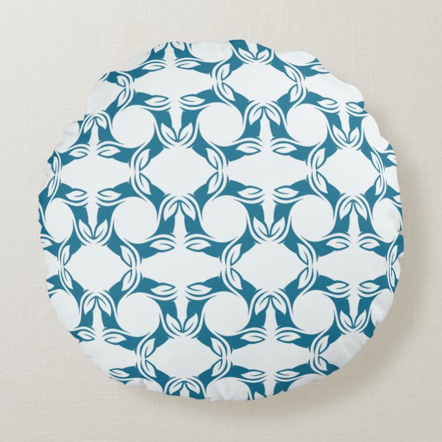 Modern Teal Bladeren Patroon Ontwerp Ronde Kussen (Voorkant)