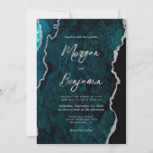 Modern Teal Blue Agate Silver Script Wedding Kaart (Voorkant)
