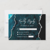 Modern Teal Blue Agate Silver Script Wedding RSVP (Voorkant)