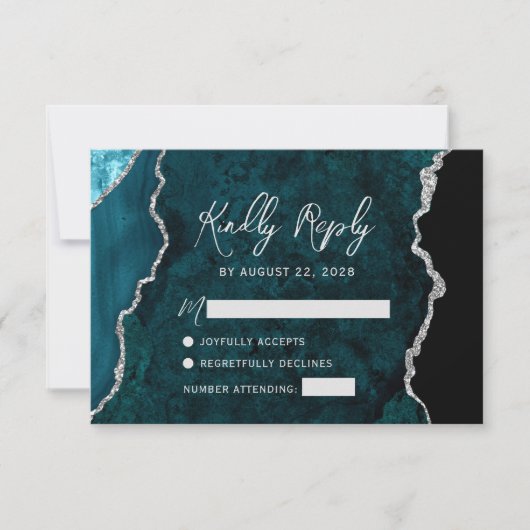 Modern Teal Blue Agate Silver Script Wedding RSVP (Voorkant)