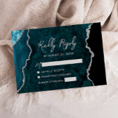 Modern Teal Blue Agate Silver Script Wedding RSVP Kaartje