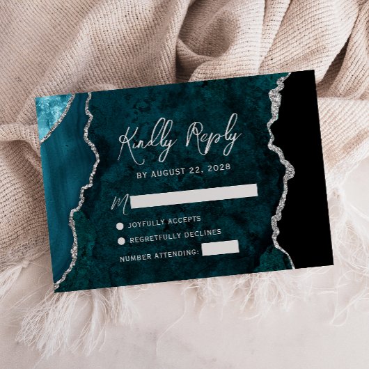 Modern Teal Blue Agate Silver Script Wedding RSVP Kaartje