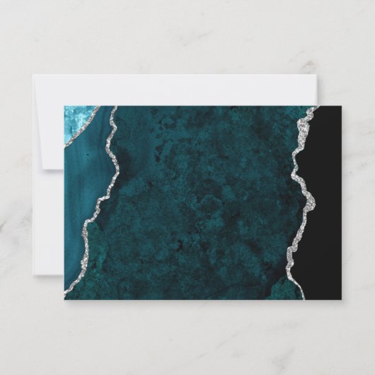 Modern Teal Blue Agate Silver Script Wedding RSVP Kaartje (Achterkant)
