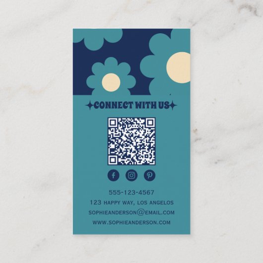 Modern Teal Blue Retro Floral Pattern with QR Code Visitekaartje (Achterkant)