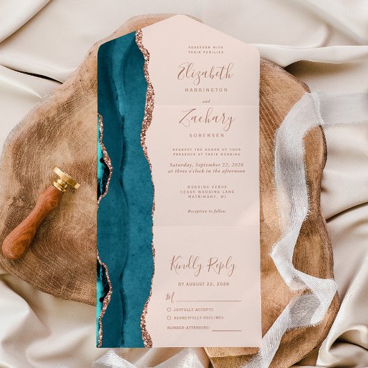 Modern Teal Blue Rose Gold Agate Blush Wedding All In One Uitnodiging