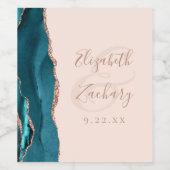 Modern Teal Blue Rose Gold Agate Blush Wedding Wijn Etiket (Enkel label)