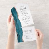 Modern Teal Blue Rose Gold Agate Wedding All In One Uitnodiging (Afscheurbaar)