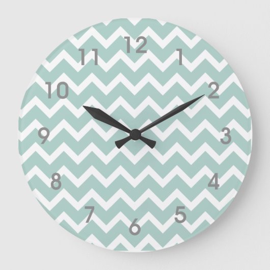 Modern Teal Blue White Chevron Clock gray numbers Grote Klok (Voorkant)