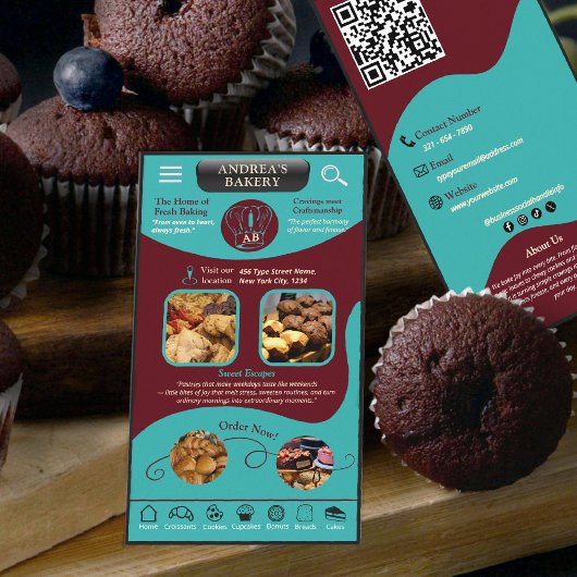 Modern Teal Burgundy Bakery Logo and QR Code   Visitekaartje
