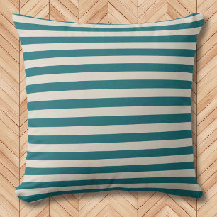 Modern Teal en Havermout Horizonaal Gestreept  Buitenkussen