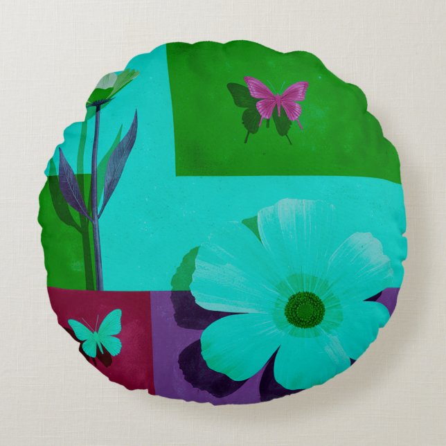 Modern Teal Floral Garden Round Pouf Rond Kussen (Voorkant)