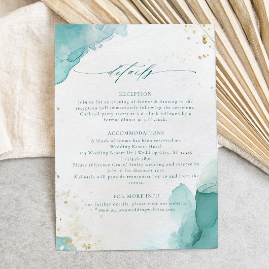 Modern Teal Gold Abstract Beach Wedding Details Informatiekaartje