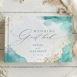 Modern Teal Gold Abstract Beach Wedding Gastenboek