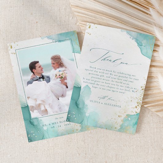 Modern Teal Gold Abstract Beach Wedding Photo Bedankkaart