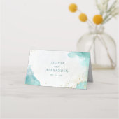 Modern Teal Gold Abstract Beach Wedding Plaatskaartje (Achterkant)