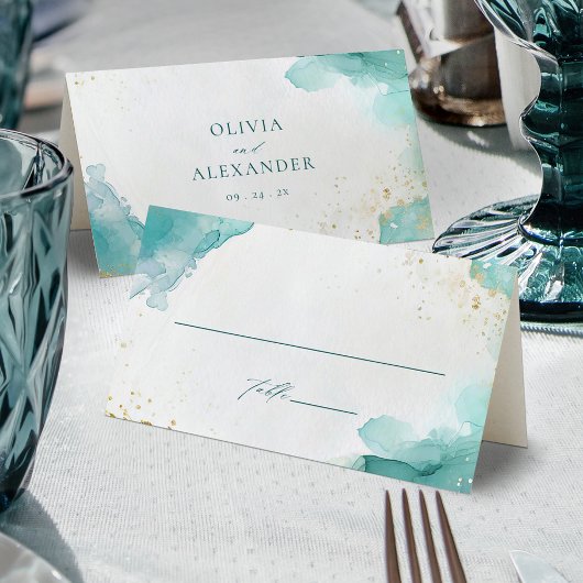 Modern Teal Gold Abstract Beach Wedding Plaatskaartje