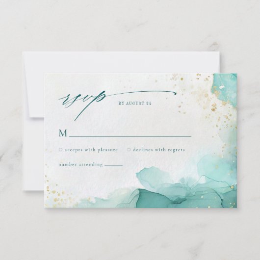 Modern Teal Gold Abstract Beach Wedding QR Code RSVP Kaartje (Voorkant)