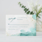 Modern Teal Gold Abstract Beach Wedding QR Code RSVP Kaartje (Staand voorkant)