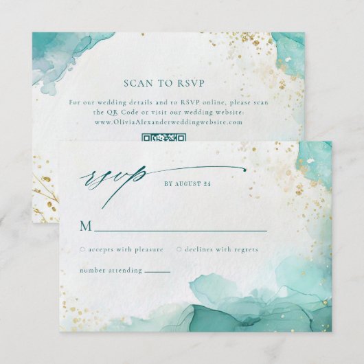 Modern Teal Gold Abstract Beach Wedding QR Code RSVP Kaartje (Voorkant / Achterkant)