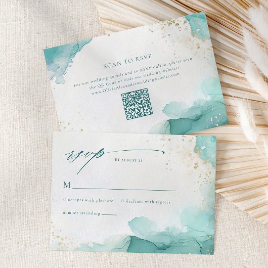 Modern Teal Gold Abstract Beach Wedding QR Code RSVP Kaartje