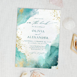 Modern Teal Gold Abstract On The Beach Wedding Kaart