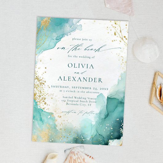 Modern Teal Gold Abstract On The Beach Wedding Kaart