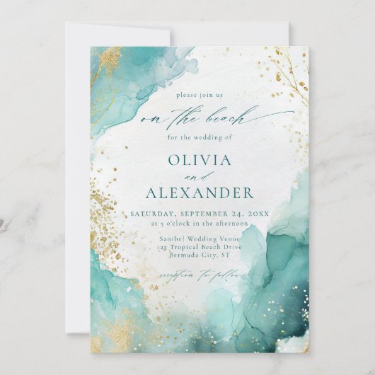 Modern Teal Gold Abstract On The Beach Wedding Kaart (Voorkant)